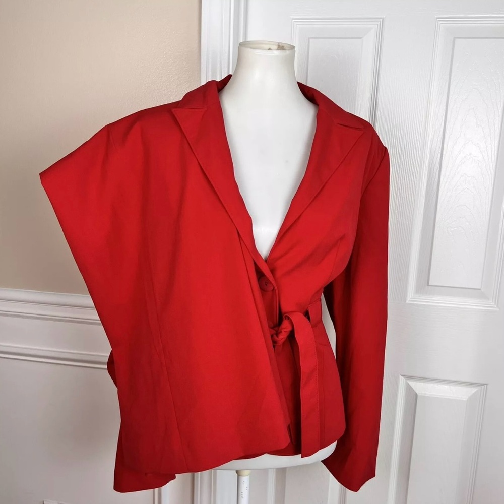 Larry Levine Polyester Rayon Spandex Pant Suit Red Belted Wide Leg 2PC Needles - Picture 2 of 9